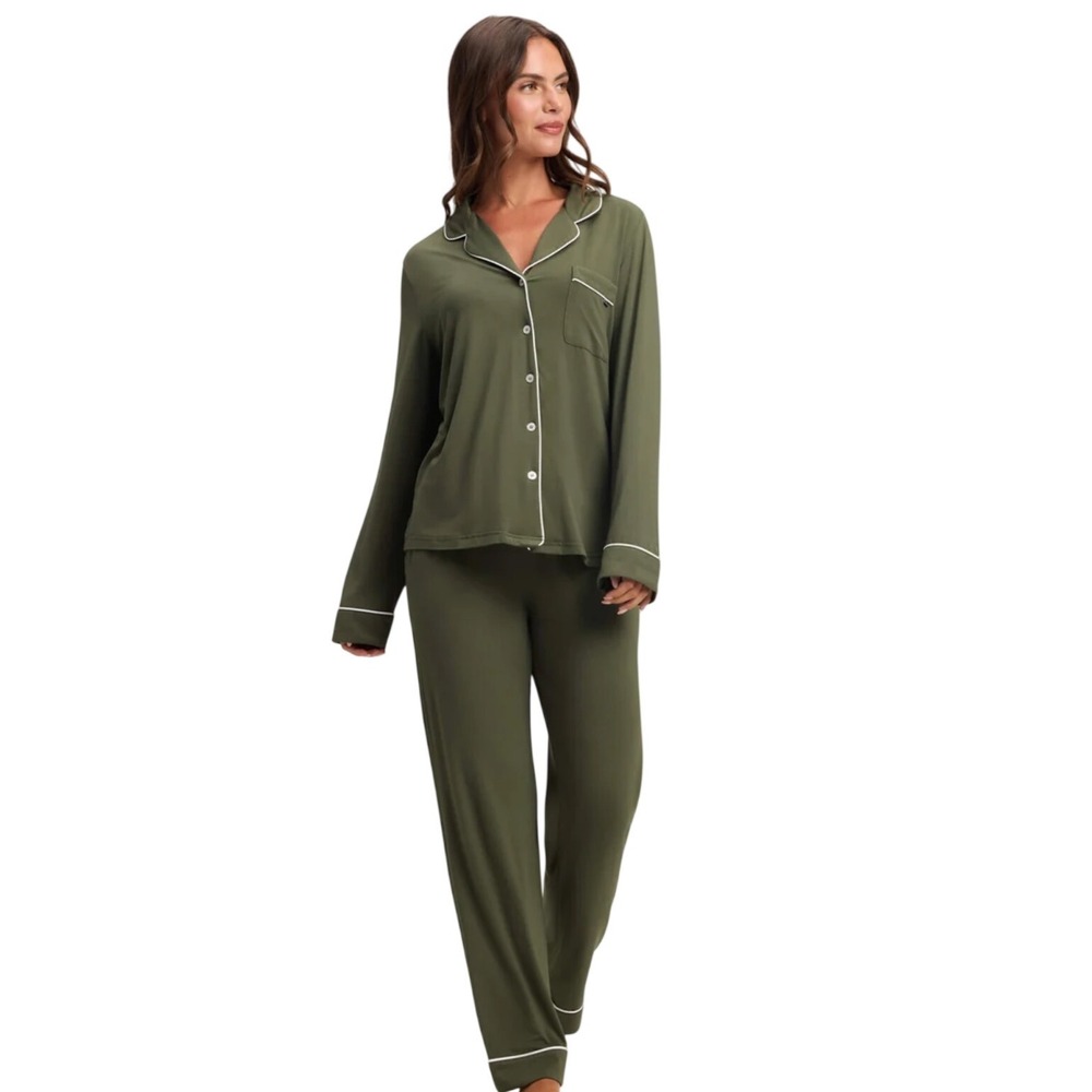 Cozy Earth Bamboo Stretch-Knit Pajama Set Olive Green Long Sleeve Pants Size L